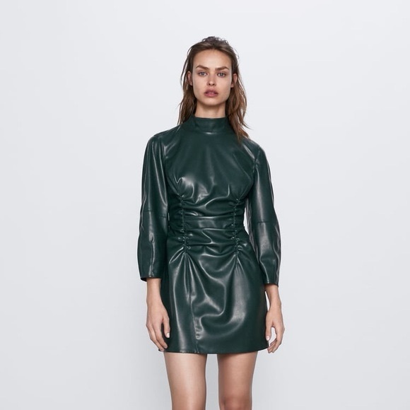 Zara Dresses & Skirts - Zara Forest Green Faux Leather Ruched Long Sleeve Mini Dress